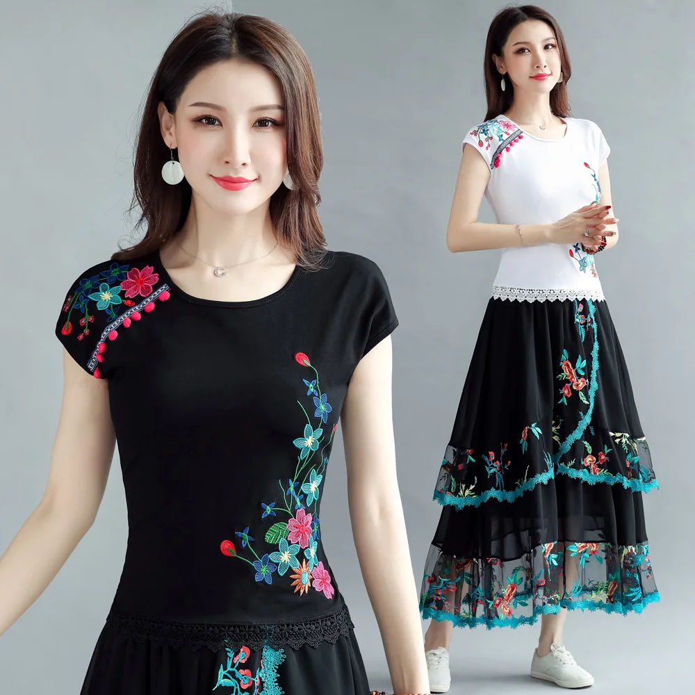 

blusas mujer de moda 2019 Mexico style ethnic short sleeve black white embroidery cotton shirt for women summer t shirt