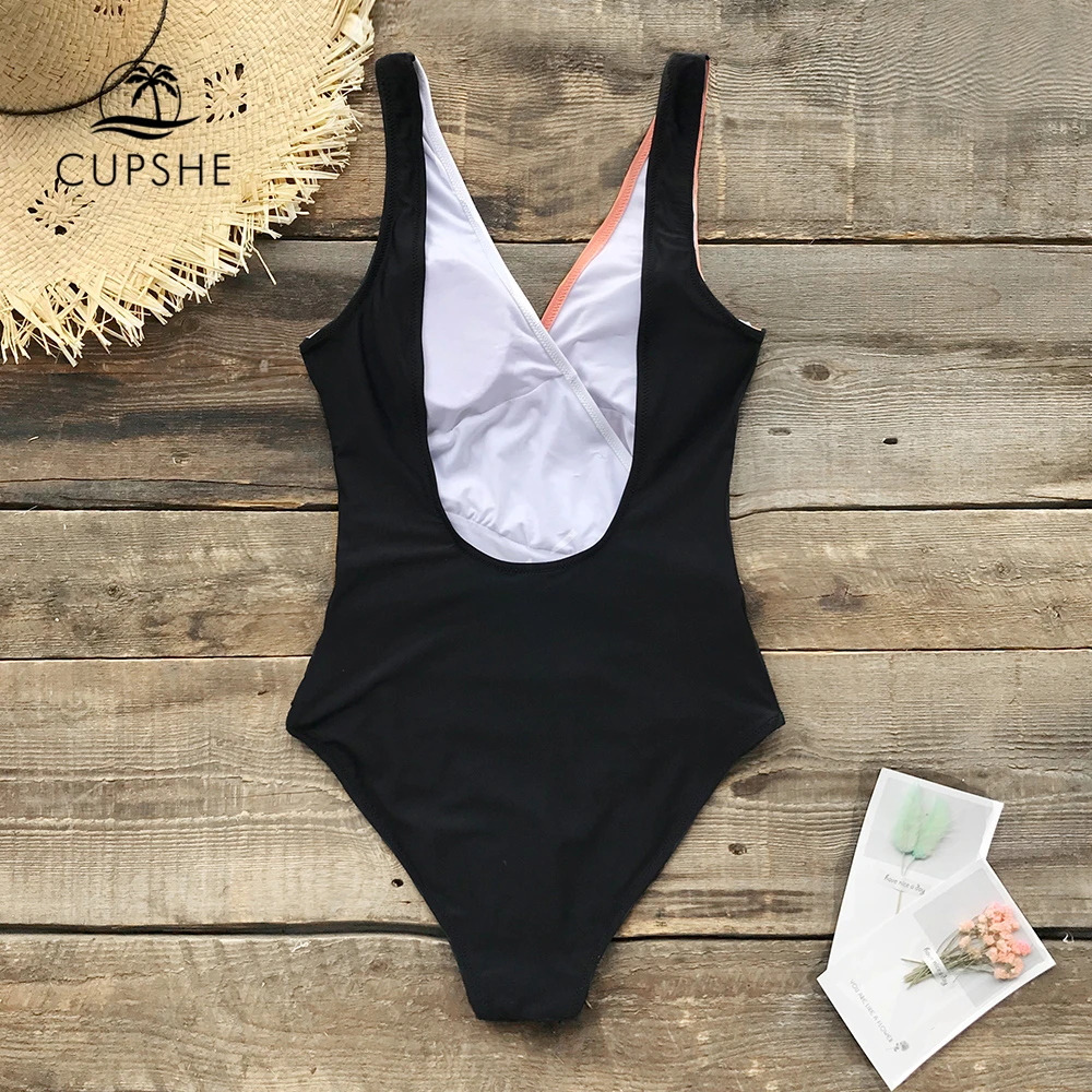 Günstige CUPSHE Rosa Weiß Und Schwarz Farbe block Einteiliges Badeanzug Frauen Sexy Monokini Bademode 2020 Mädchen Strand Badeanzüge