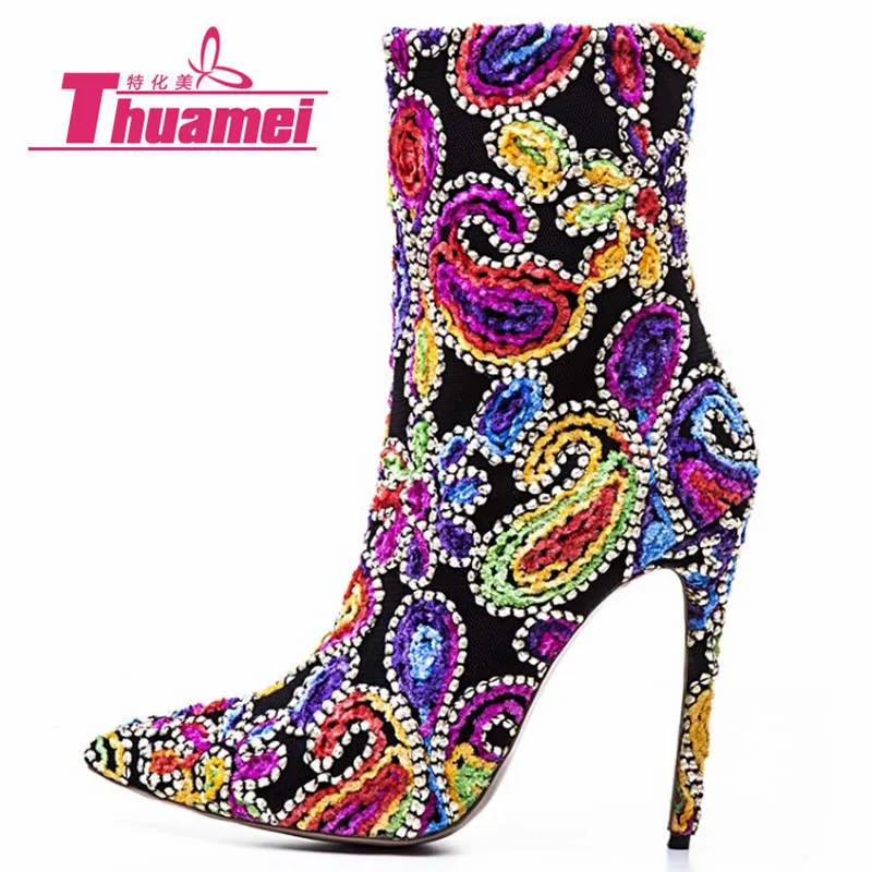 

12cm High Heels Motorcycle Platform Women Fashion Ankle Women Boots Shoes Woman Botas Bling #Y0314684Q