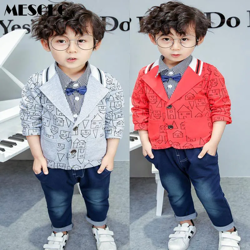 

MESOLO Boy fashion suit 2018 autumn new cartoon house coat shirt jeans gentleman 3 piece suit