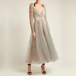 2019 Runway глубокий v-образный вырез висит шеи спинки Lace-up в горошек платье с фатиновой юбкой Для женщин Винтаж принцессы с пышными рукавами