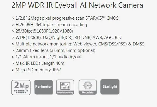 Новая модель IPC-T5241H-AS-PV 2MP Starlight WDR IR Eyeball AI сетевая камера, DHL