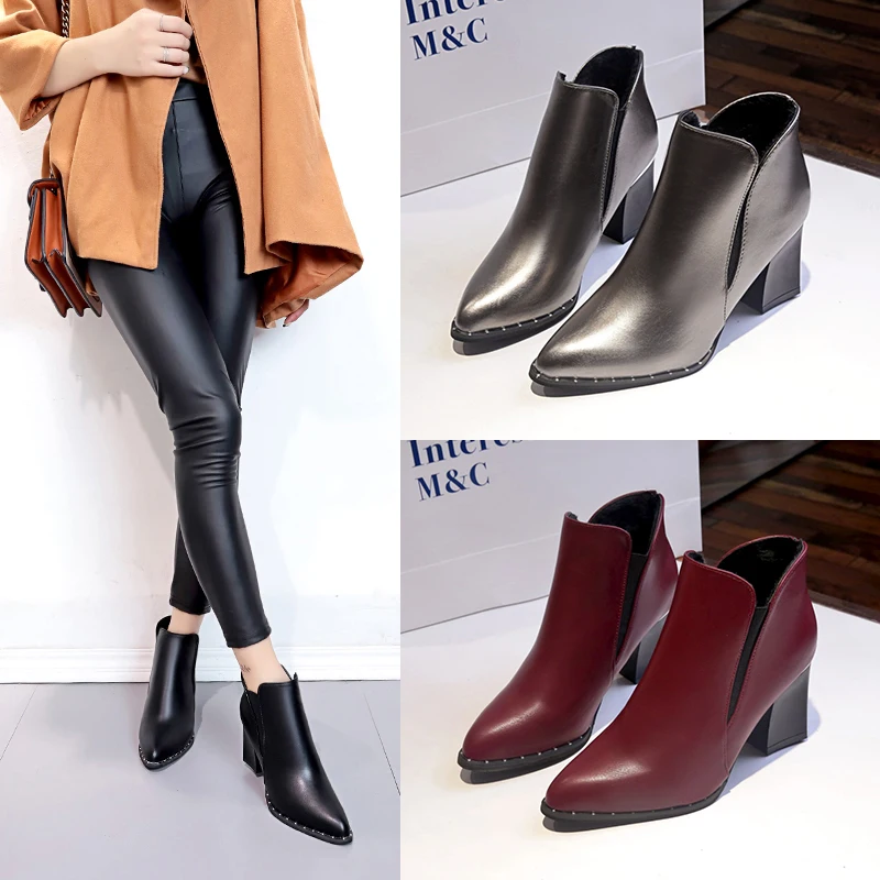

European style contracted Tide Girl Boots Woman British Style Rivet Boots Martin Boots Autumn Winter 2018 New High-heeled Shoes