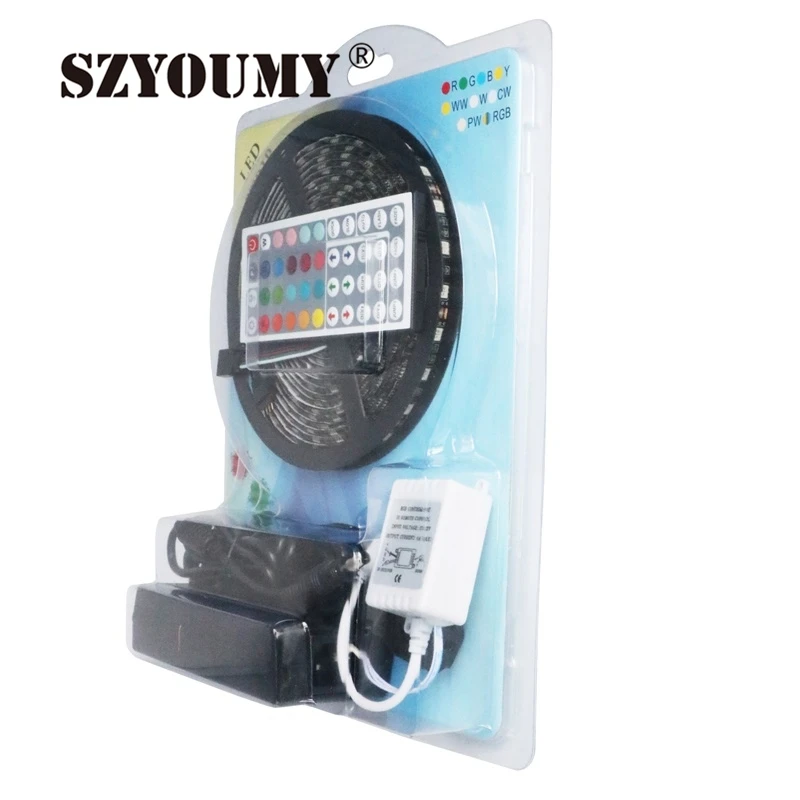 

SZYOUMY Black PCB SMD 5050 LED RGB Strip 5M IP65 Led Tape Waterproof 300 Leds/Roll +44 Keys IR Remote+ 5A Adapter Blister Pack