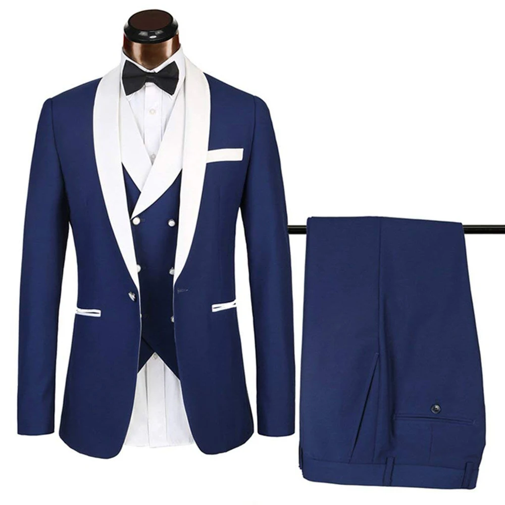 

2019 New Slim Fit Mens Suits Sets Royal Blue Business Tuxedos 3 Pieces Blazer Set For Wedding Groomman (Jacket+Vest+Trousers)