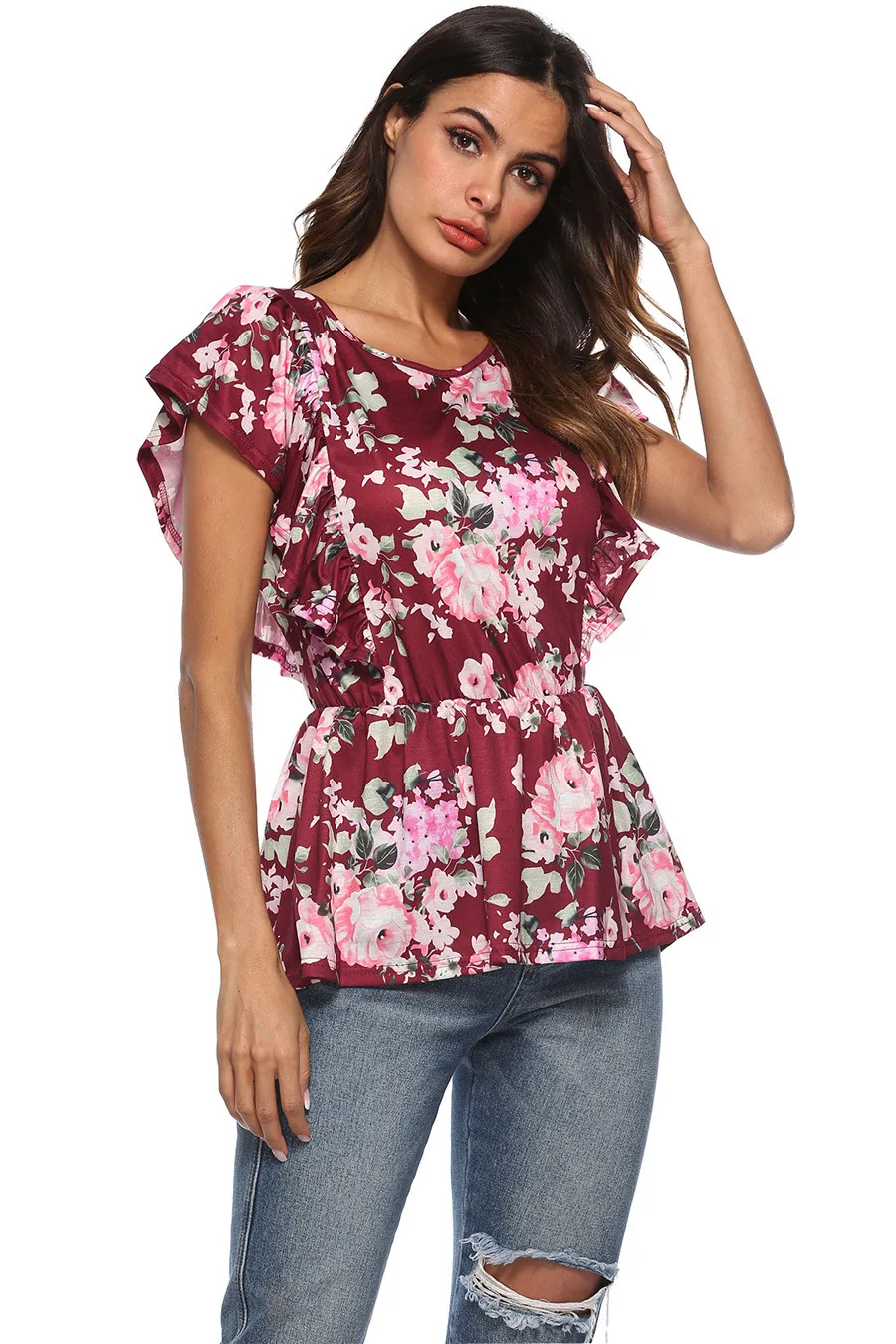 Gladiolus 2018 Floral Print Women T-Shirts O-Neck Butterfly Sleeve Blue Red Slim T Shirt Women Summer Casual Ruffled Ladies Tops (14)