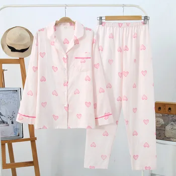 

Cute 100% Crepe Cotton Pyjamas Women Sleepwear Suit 2 Pcs Long Sleeve Pijama Feminino 2019 New Spring Casual Pajamas Set