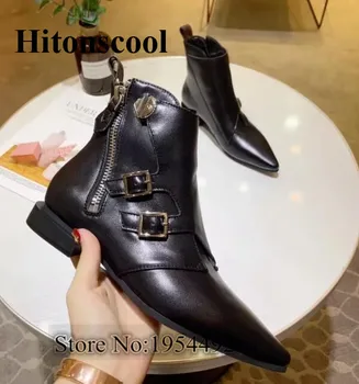

2019 Women Soild Black Leather Pointed Toe Boots Autumn Fashion Ankle Boots Buckles Boots Women Shoes