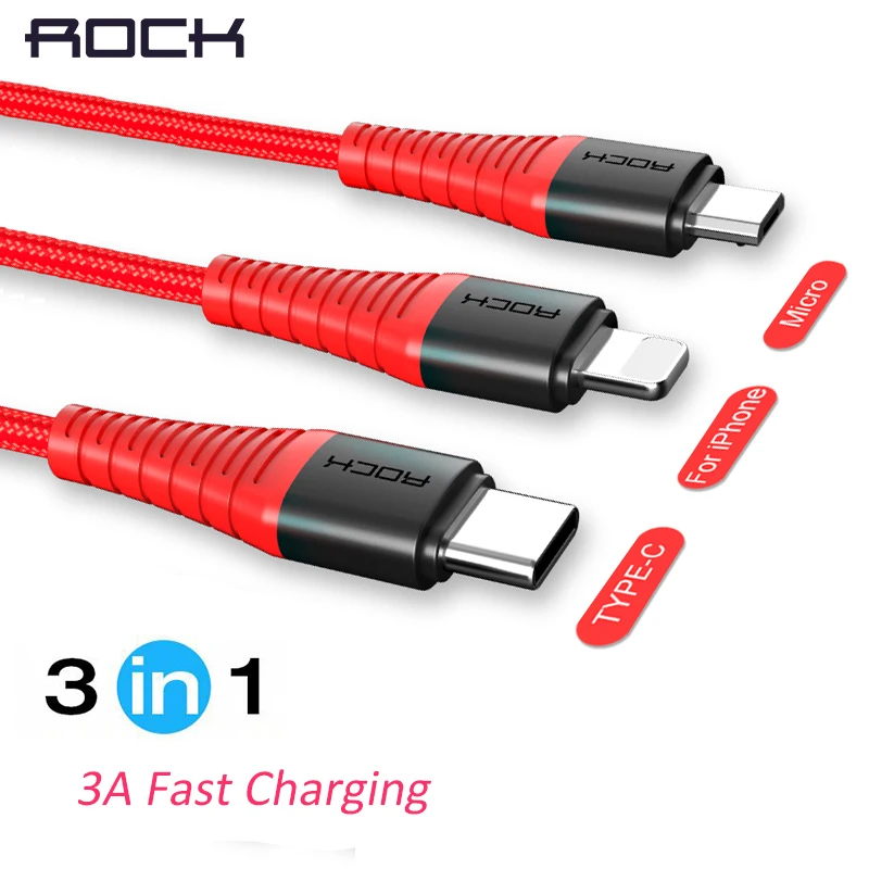 ROCK 3 в 1 высокопрочный usb type C Micro USB и зарядный кабель для iPhone, телефонный кабель для iPhone зарядное устройство usb-c шнур провод