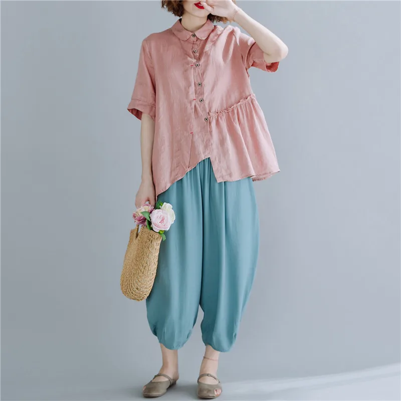 

Johnature New Summer Tops For Women 2019 Korean Casual Irregular Button Fashion Short Sleeve Turn-down Collar Tops Shirt Women