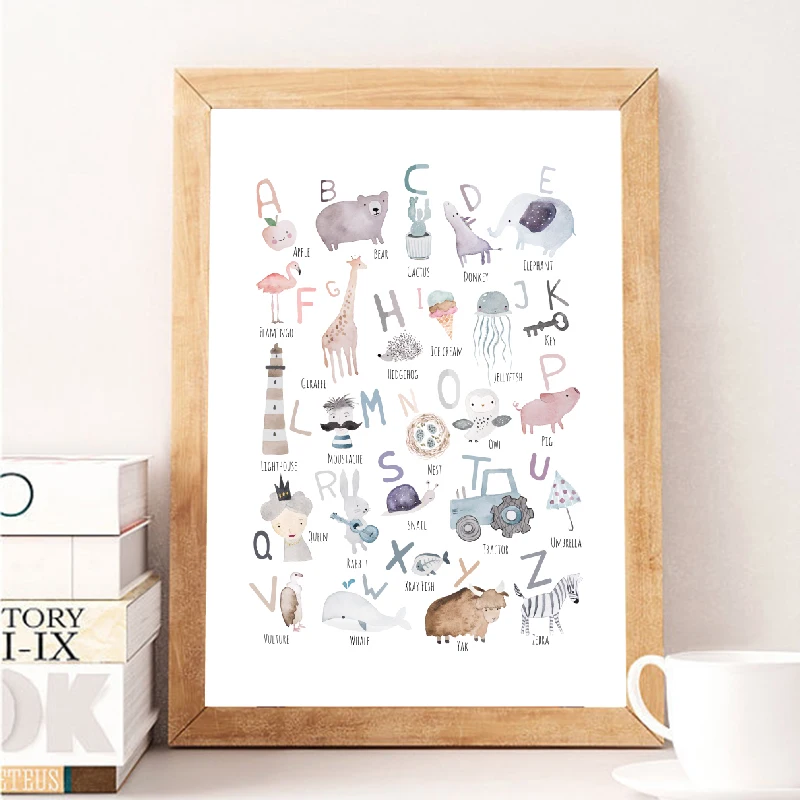 

Animal Alphabet Prints Watercolor Montessori Educational Posters Kids Boys Girls Nursery Rooms Learning Letters Canvas Painting