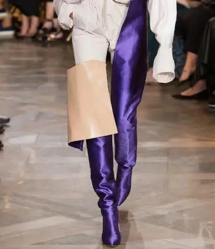 Роскошные шелковые ботфорты выше колена; женская обувь с острым носком на высоком каблуке; женские модные высокие сапоги до бедра для подиума - Цвет: Фиолетовый