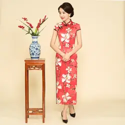 Новинка 2019 года красные женские длинные воротник стойка Cheongsam искусственной шёлковый китайский женский халат с цветочным принтом Высокая