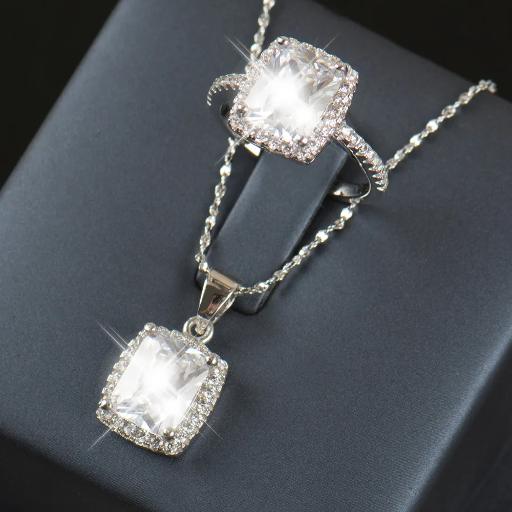 R& J 5 цветов Новая мода синий 5A Циркон 925 пробы серебряный комплект ювелирных изделий ожерелье/кулон/кольцо для женщин Свадебные обручальные наборы