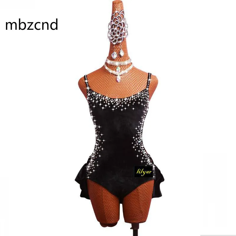 

Super Shiny Latin Dance Dress Women Rhinestone Costume Sasa Dance Salsa Onesies Female Black High Slit Sexy Straps Latin Dresses