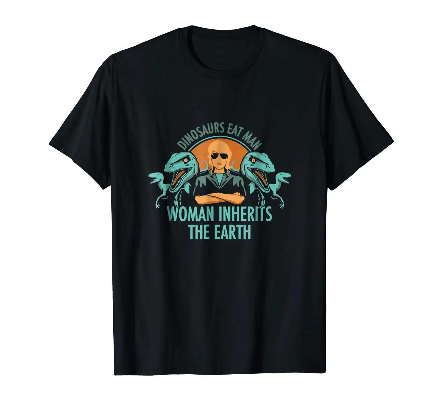 

Dinosaurs Eat Man Woman Inherits The Earth Funny Black T-shirt Cartoon t shirt men Unisex New Fashion tshirt free shipping