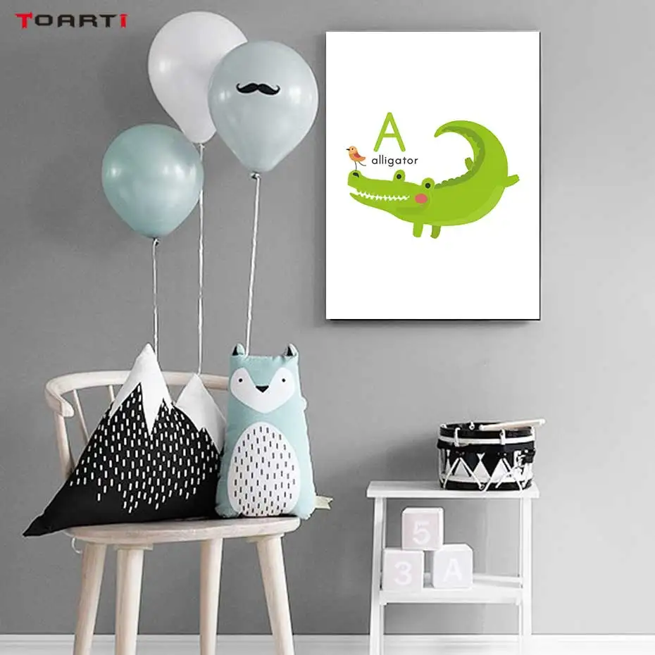 Cartoon Animals Alphabet Prints Posters Alligator Bee Canvas Painting On The Wall Colorful Art Pictures Kids Bedroom Home Decor (2)