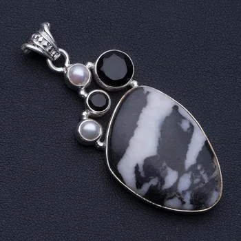 

Natural Pinolith Jasper, Black Onyx and River Pearl 925 Sterling Silver Pendant 2 1/4" P0558