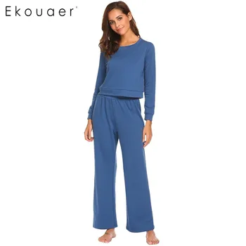 

Ekouaer Women Cotton Sleepwear Pajamas O-Neck Long Sleeve Top Nightwear Lightweight Loose Pajama Set Female Home Clothes