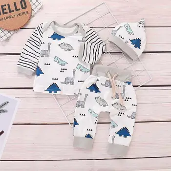 Newborn Kids Baby Girls Boy Clothing Striped Tops+Cartoon Dinosaur Pants Clothes Sets Infant Rompers Pleasant Children's Costume 1