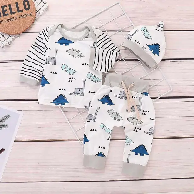 Newborn Kids Baby Girls Boy Clothing Striped Tops+Cartoon Dinosaur Pants Clothes Sets Infant Rompers Pleasant Children's Costume 1