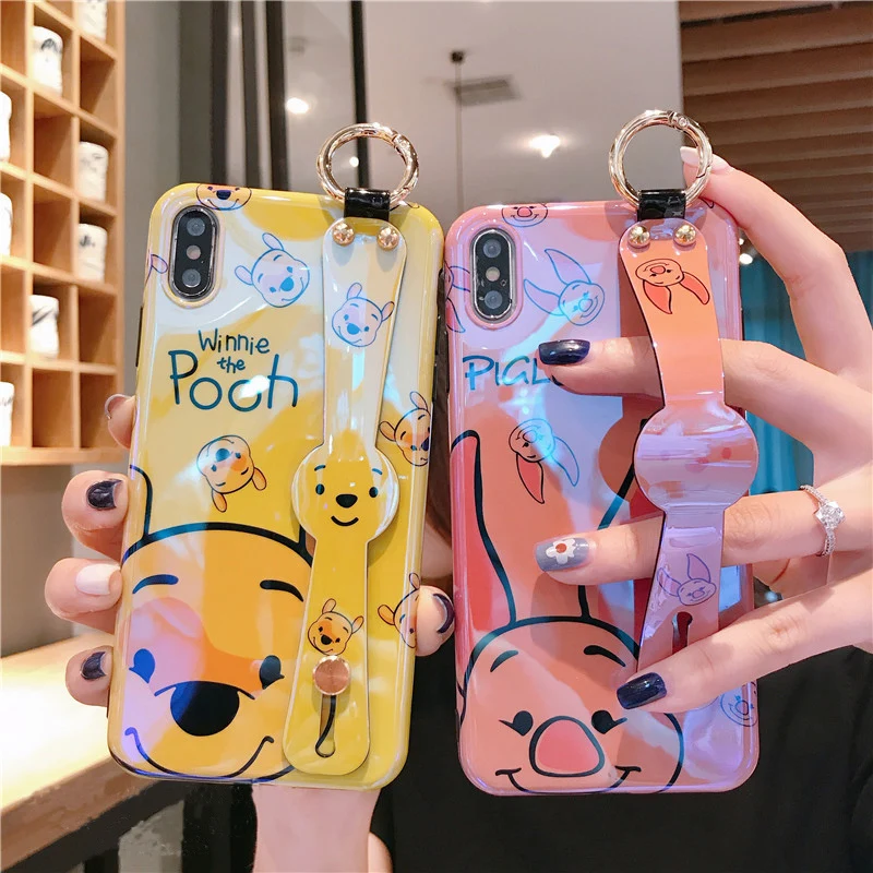 

For iphone XR XS max X Cute winnie piglet Wrist strap soft Phone Case For iPhone 8plus 7 7plus 6S 6plus cartoon Shell case stand