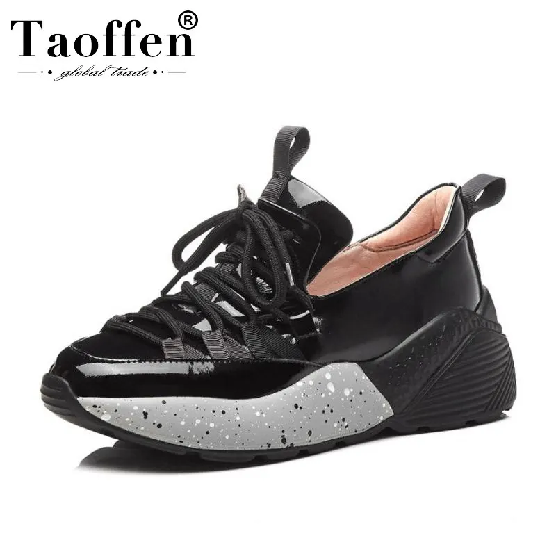 

TAOFFEN Women Sneakers Genuine Leather Casual Shoes Women Spring Lace Up Jogging Fitness Trainers Wedges Sneaker Size 35-39