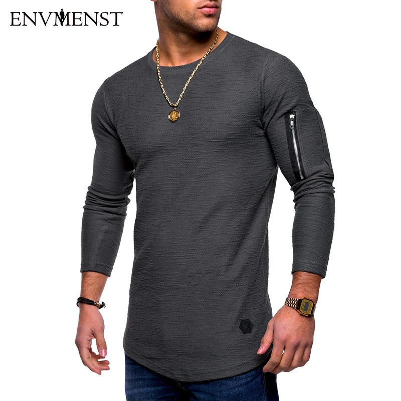

2018 Brand New spring Long Sleeve T Shirt Men Vintage Slim Fit Cotton Shirts Fashion Zipper Sleeves Men Plus Size Tops