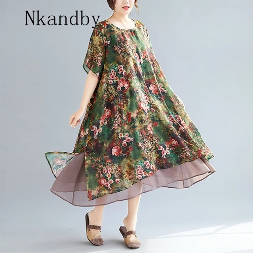 

Nkandby Plus size Women Dress 2019 Summer Short sleeve Chiffon Ladies Dresses Elegant A-line Fake 2 piece Oversized Vestidos