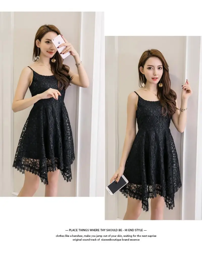 2018 New Hollow out lace dress women elegant spaghetti strap white lace sling dress vintage sleeveless black crochet dresses
