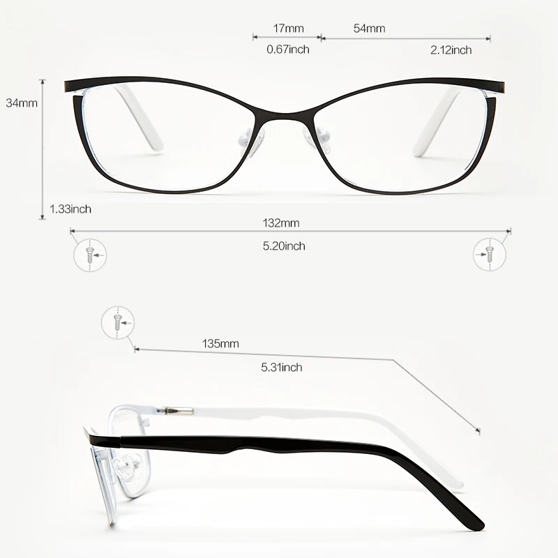 Eyeglasses Frames Metal Women Cat Eye Glasses Frames For Women Vintage Transparent Black and White
