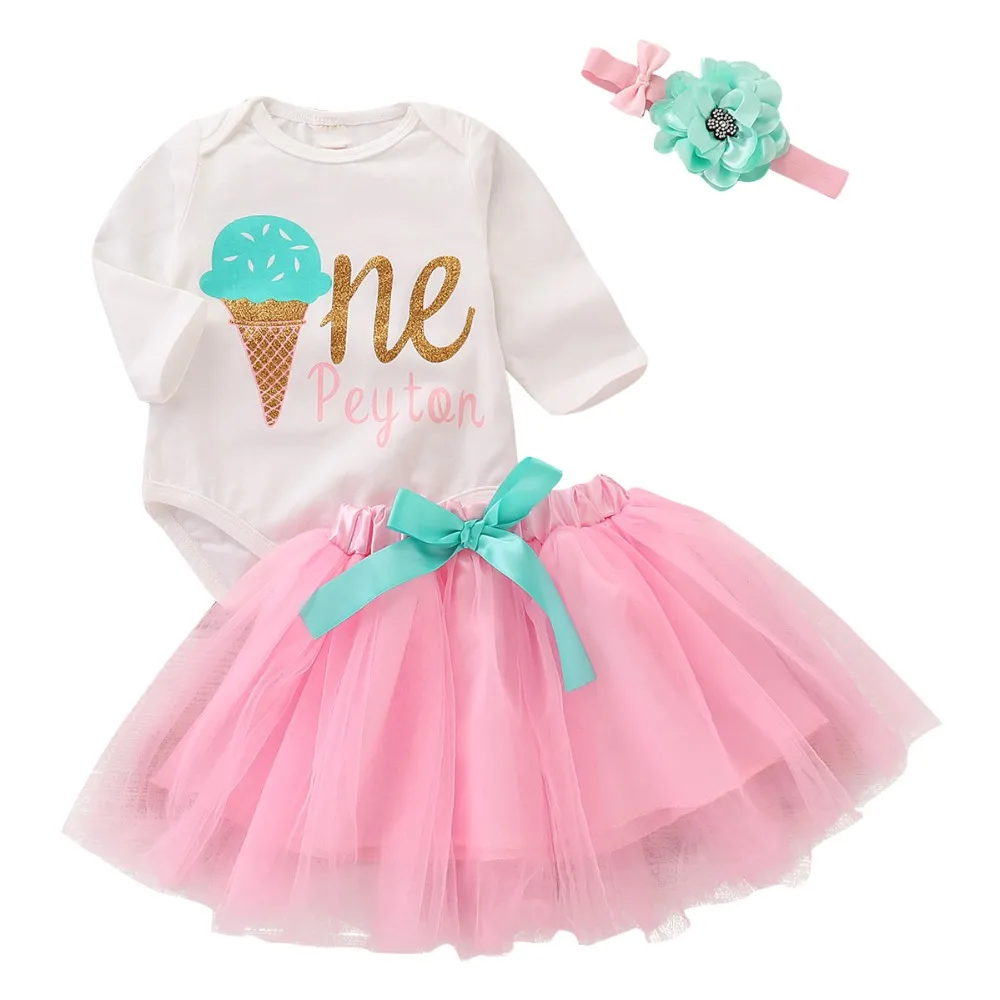 Puseky Baby Clothing Set Long Sleeve Ice Cream Romper+Mesh Tutu Lace