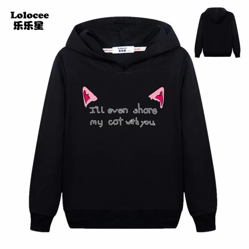 

2018 Spring and Autumn Childeren New Hoodie Fashion Girls Comfort Pullover Cat Print Sweatshirt Top Hoodie Basic Coat 3-14y