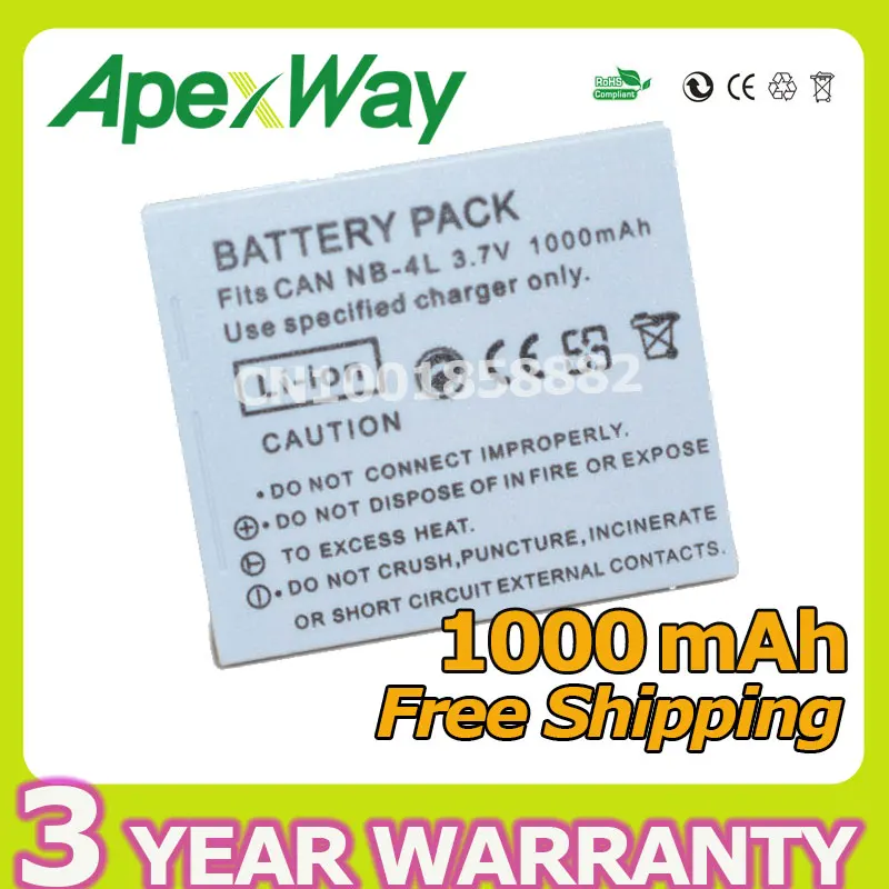

Apexway 3.7V 1000mAh NB-4L Camera Battery For Canon SD450 SD430 SD400 SD300 SD780 SD750 SD40 XY Digital 60 40 50 70 80 210 510