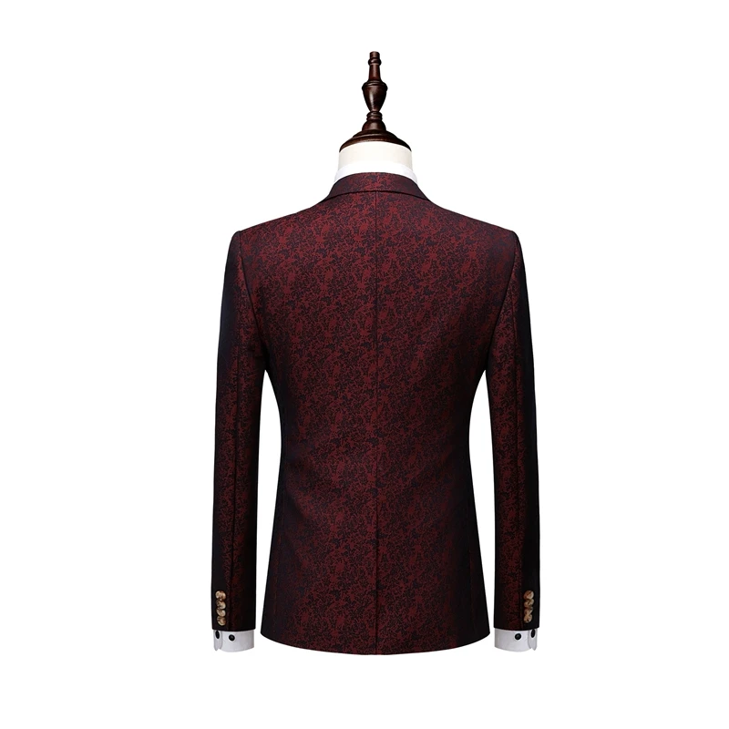 2018 Men Suit Men Single Breasted Wine Red Tuxedo Grooms Stylish Floral Print Wedding Suits for Men Designers with Pants 3 Pcs