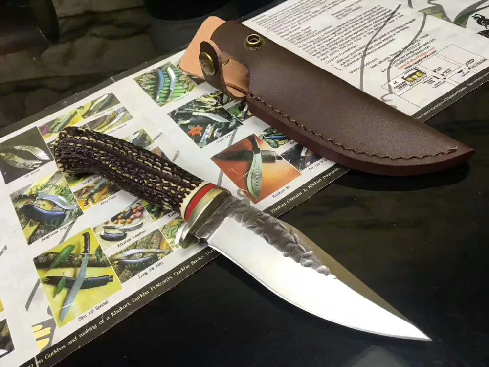 Ручной Кованый охотничий нож из дамасской стали 60HRC Дамасская сталь фиксированный нож Рога Ручка с кожаными ножнами инструменты
