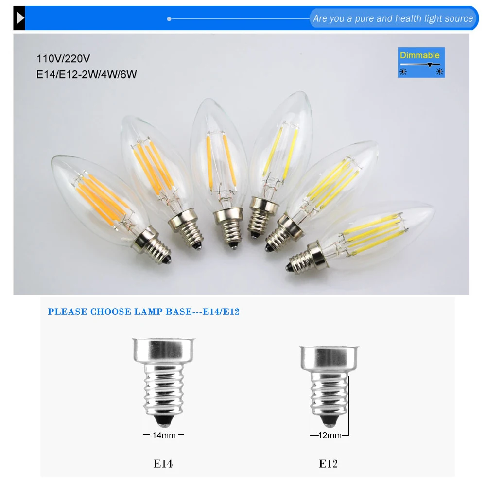 E14 E12 Лампа накаливания, реальная мощность, 2 Вт, 4 Вт, 6 Вт, AC220V, 230 В, 110 В, 127 в, диммер, лампа Эдисона, стеклянная свеча, люстра