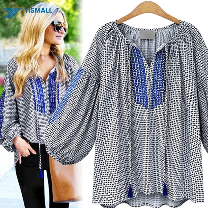 2016 New Autumn print Casual Women Blouses Long Sleeve V-Neck puff sleeve Women tassel Blouses
