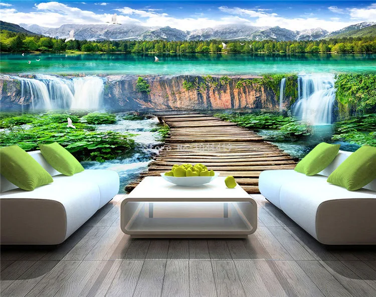 Китайский стиль пейзаж с водопадами деревянный мост фотообои Гостиная ТВ диван фон настенное покрытие домашний декор Фреска