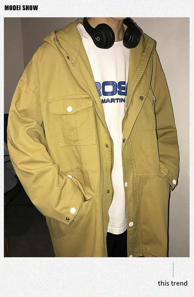 Mens Long Hooded Trench Coat Casual Spring Windbreaker Coat Men Korean Overcoat Hip Hop   (2)