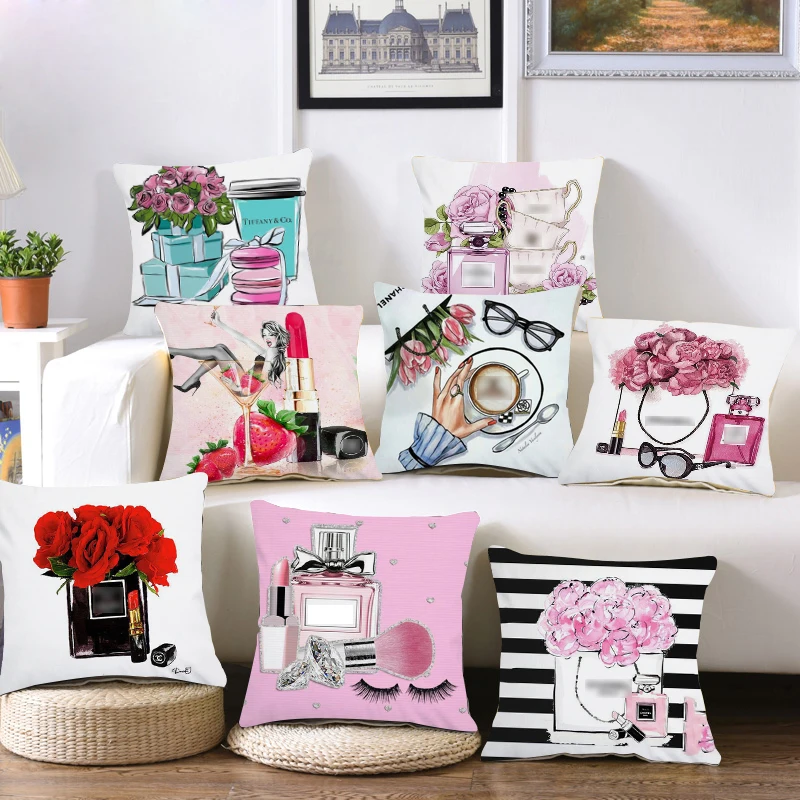 

Plush Hand painted flowers and perfume bottles cushion cover Sofa Pillow Case Home Decor Throw/Couch Pillowcase