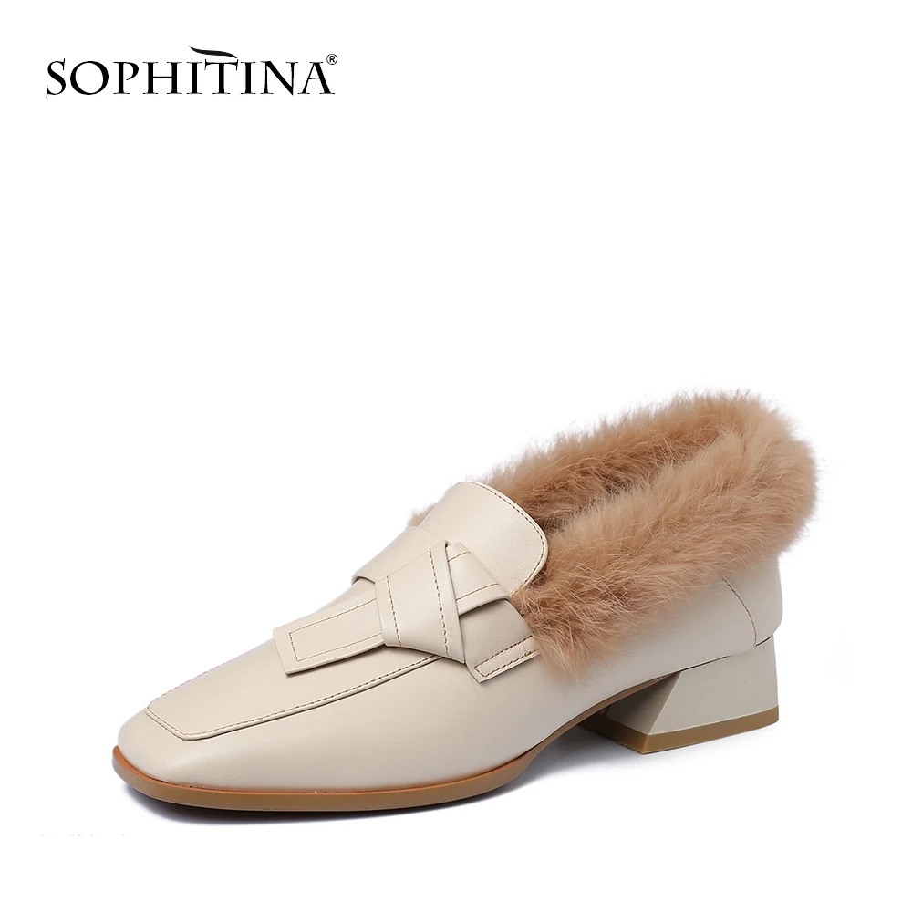

SOPHITINA New Arrival Super Warm Genuine Wool Pumps for Female Cow Leather Square Toe Strap Decoration Dress Woman Shoes PO15
