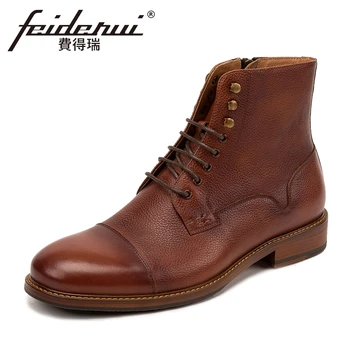 

Classic Genuine Cow Leather Men's High-Top Ankle Boots Round Toe Lace-up Handmade Cowboy Riding Motorcycle Shoes For Man KUD35