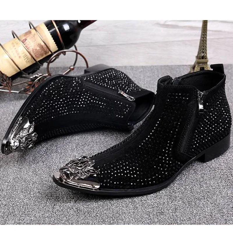 Apontado Camurça Dos Designer Sapatos Batzuzhi Dedo Strass bota Zip Alta Homens Moda Metal Ankle Preto vermelho Boot De Couro Preto Luxo Vermelho Vermelha 4t4f7q6wx