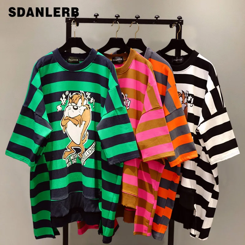 

2019 New Spring Summer Women's Loose Striped Tshirt Cartoon Printed Bat Sleeve Shirt Students Casual Long Top Hoodies Femme
