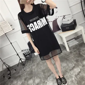 

2019 Women's O-Neck Short Sleeve Patchwork Mesh Letter Print Night Club Fake Two Piece summer dress