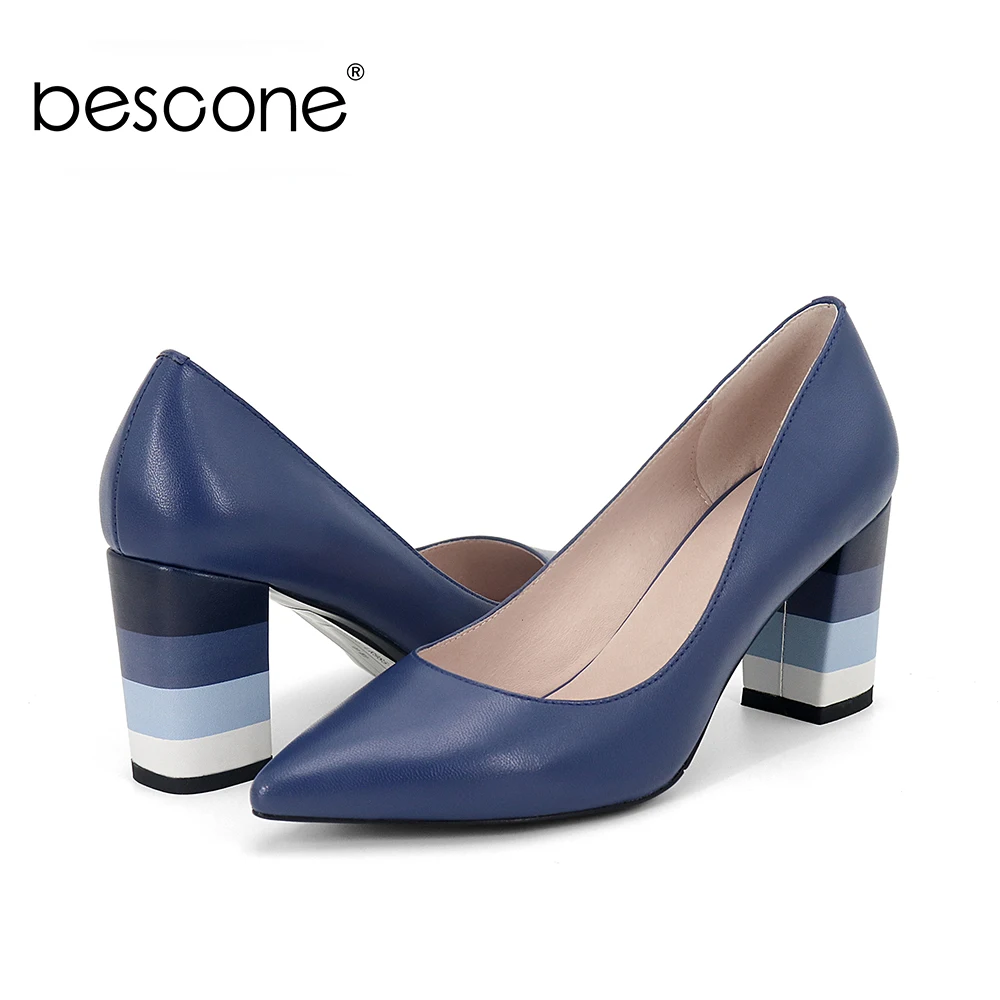 BESCONE Classic Women Office Shoes Colorful Square Heels Pointed Toe Elegant Pumps Spring Genuine Leather Slip On Lady Shoes A85