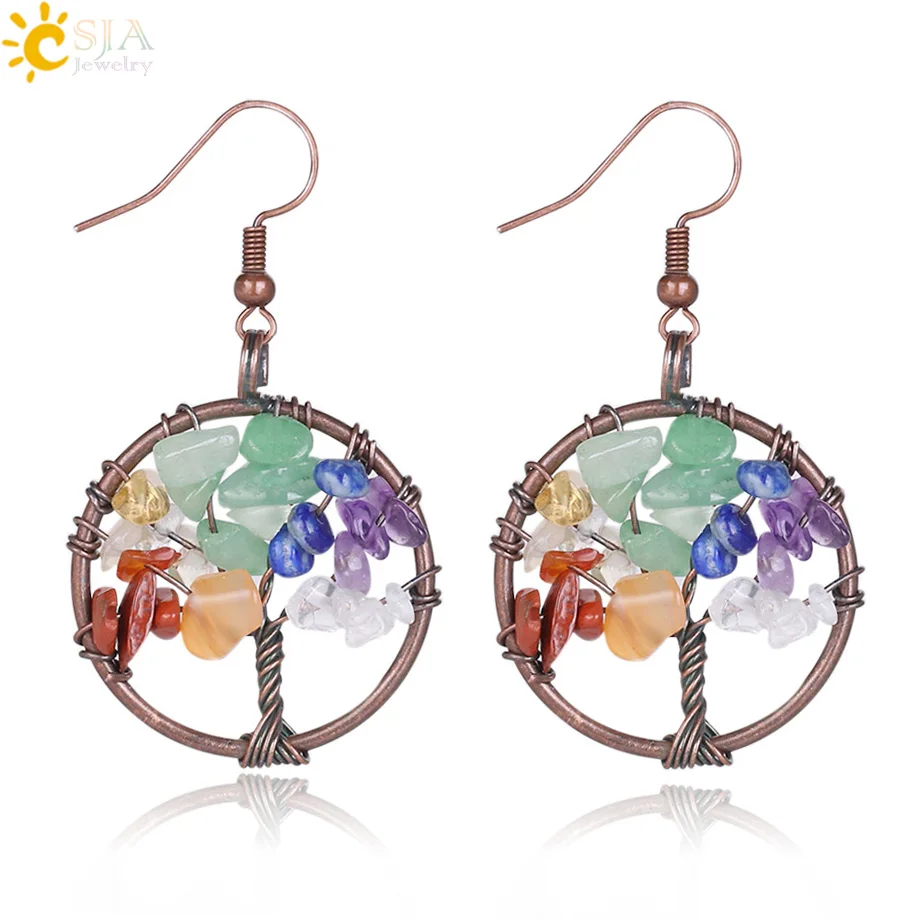 

CSJA Wholesale Dangle Earrings for Women Round Tree of Life Ear Drop Natural Chip Stone Bead Reiki 7 Chakra Healing Jewelry E529