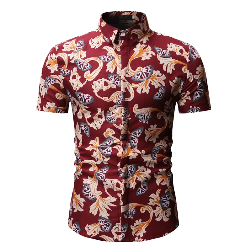 

Summer Beach Men's Casual Shirts Cotton Polyester Floral Print Turn-down Short Sleeves Holiday Vacation Male Dress Shirts YS63