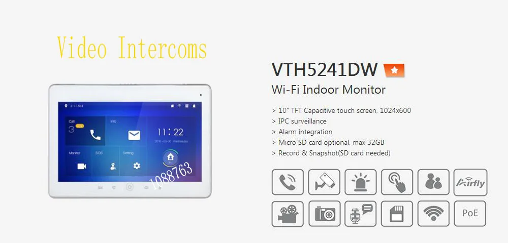 

Free Shipping DAHUA Video Intercom 10inches Touch Screen Color IP Indoor Monitor Original English Version without Logo VTH5241DW